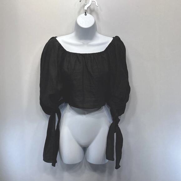 OLIVACEOUS Women’s Crop Top S Black Off Shoulder Balloon Sleeve Side Zip Boho - Picture 2 of 11